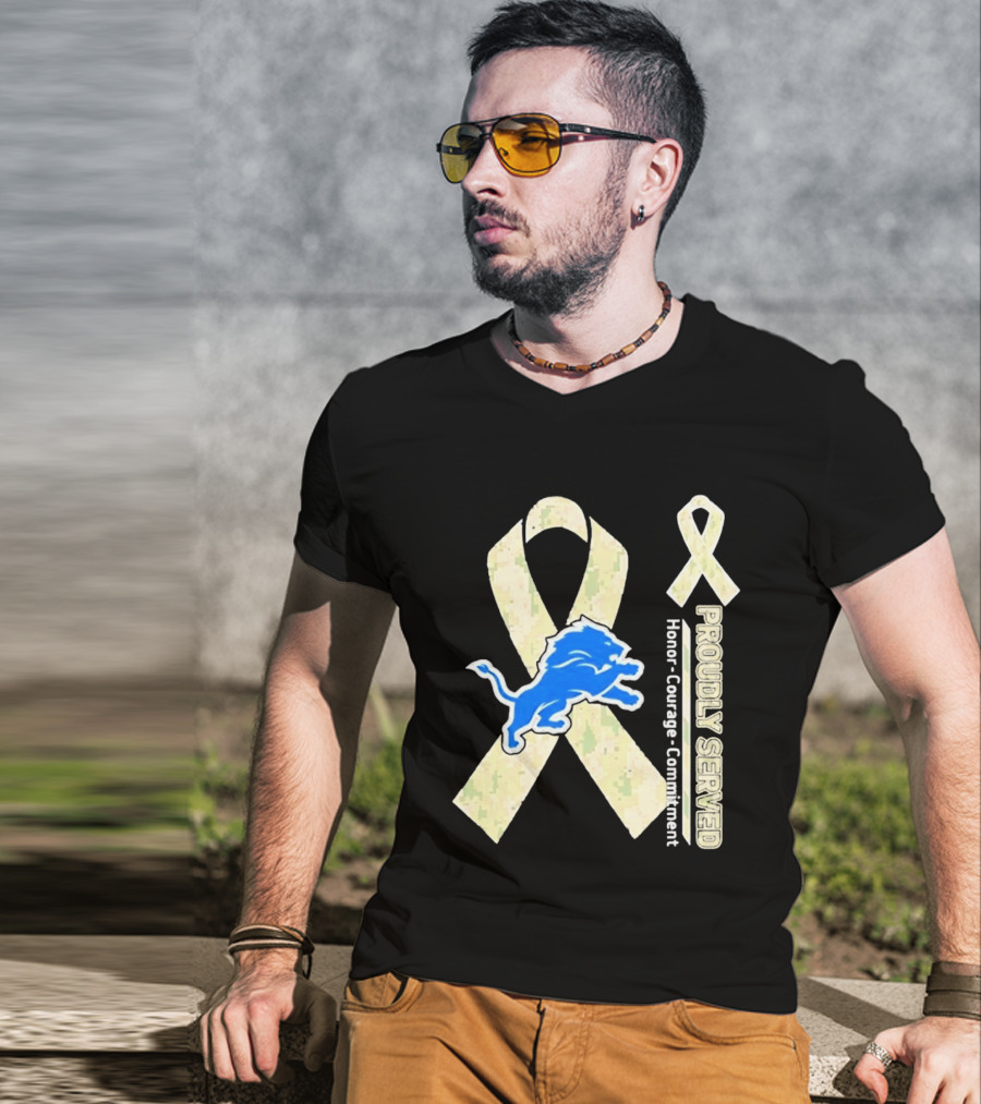 Detroit Lions Camo Ribbon Proudly Served Honor Courage Commitment T-Shirt