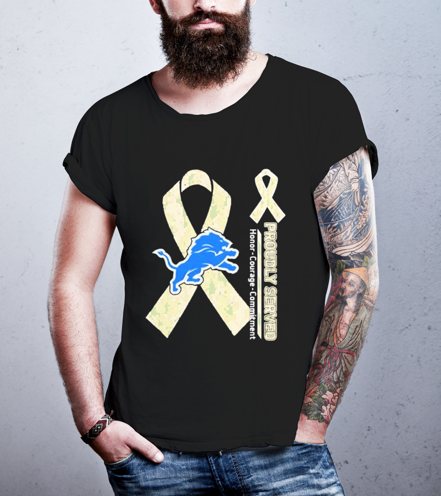 Detroit Lions Camo Ribbon Proudly Served Honor Courage Commitment T-Shirt