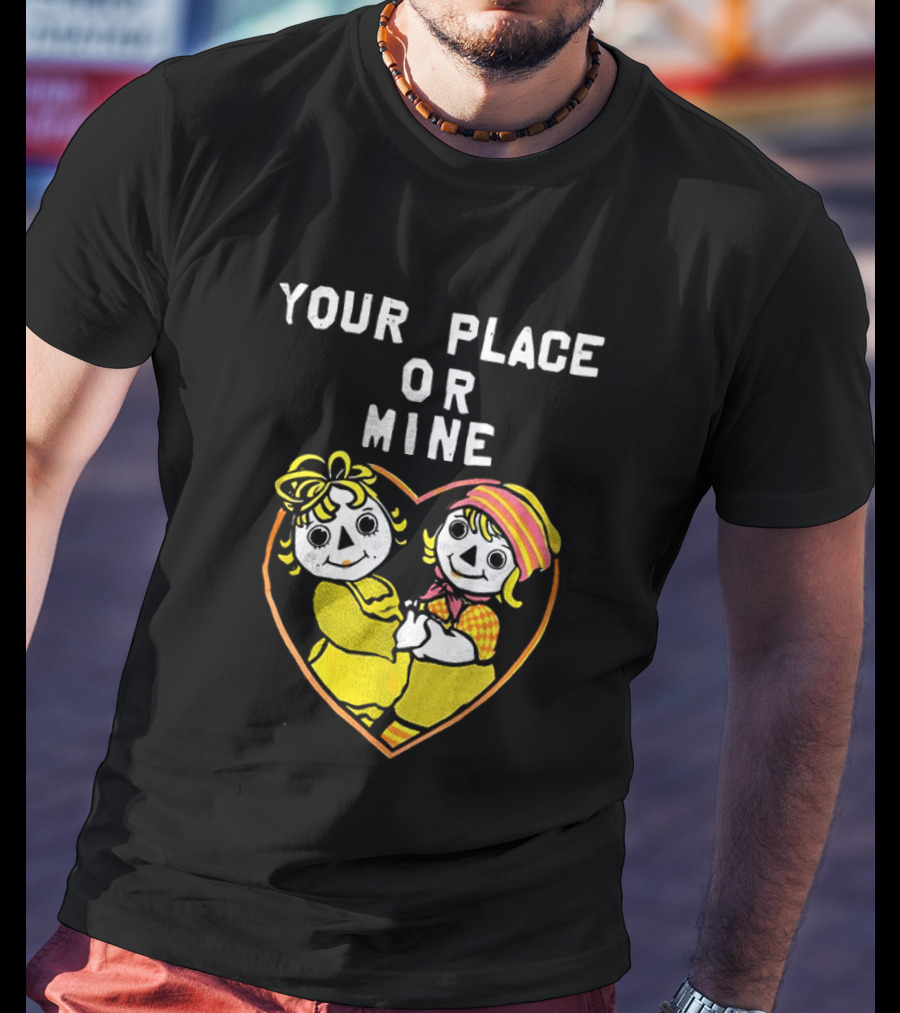 Your Place Or Mine Romantic Cartoon Couple In Heart T-Shirt