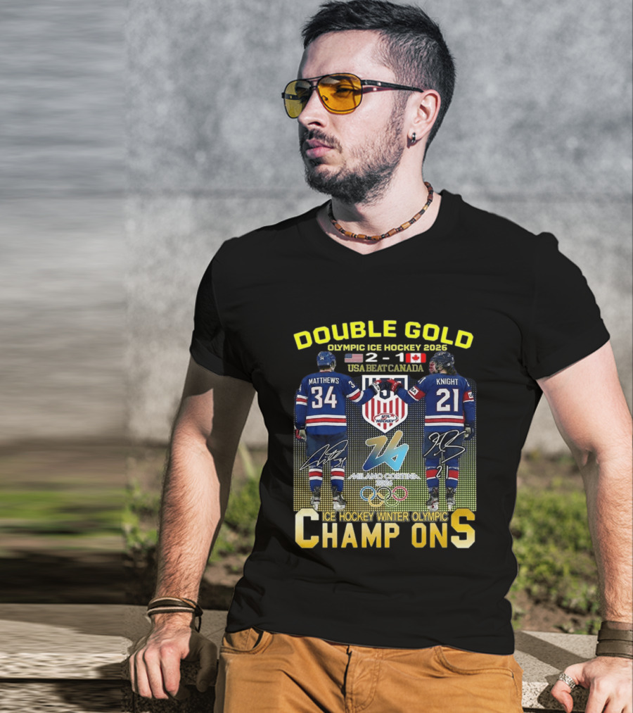 Double Gold Ice Hockey Winter Olympic Champions USA 2 1 Canada Matthews Knight 2026 Milano Cortina T-Shirt