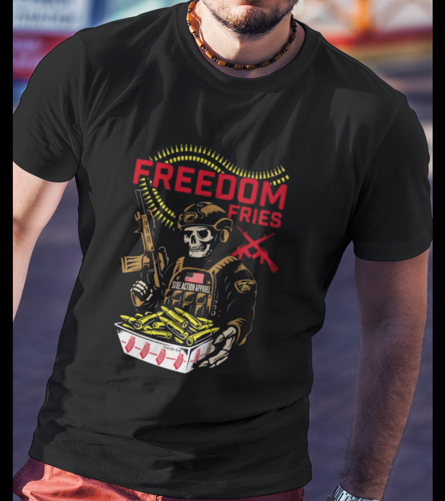 Freedom Fries Military Skeleton With USA Flag And Rifle T-Shirt