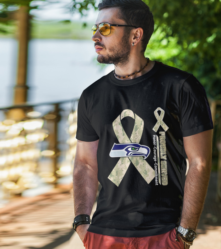 Seattle Seahawks Military Appreciation Proudly Served Honor Courage Commitment Ribbon T-Shirt