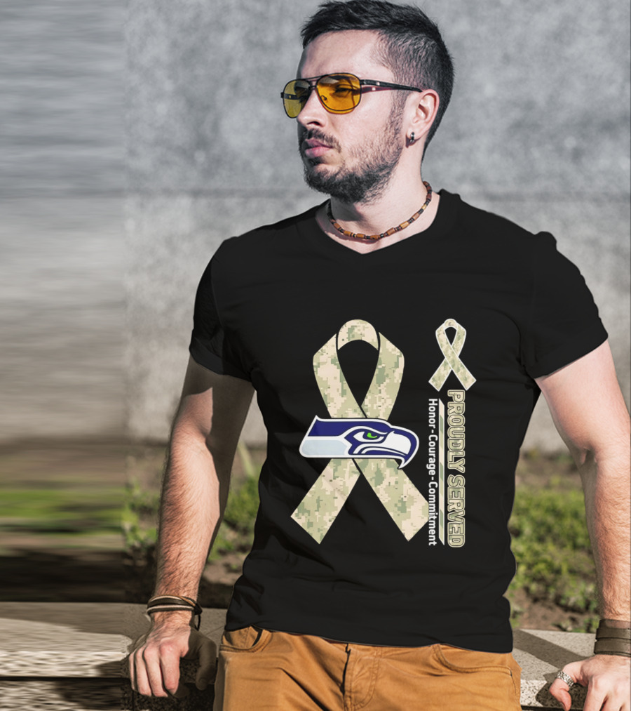 Seattle Seahawks Military Appreciation Proudly Served Honor Courage Commitment Ribbon T-Shirt