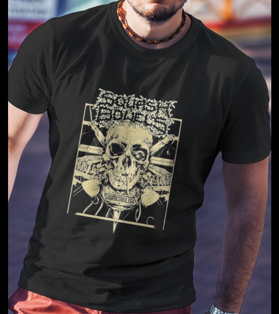 Squash Bowels Grindcoholism Skull With Crossbones And Spine T-Shirt