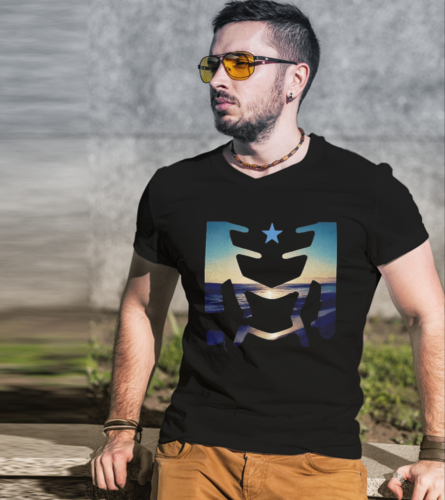 Sunset Ocean Waves With Blue Star T-Shirt