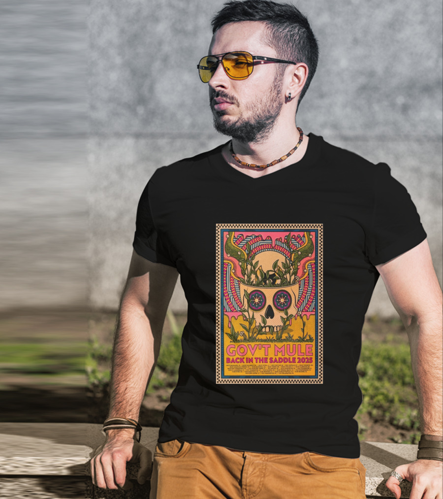 Gov't Mule 2025 Skull And Antlers Floral Concert T-Shirt