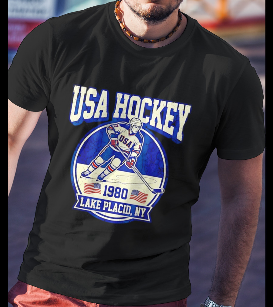 USA Hockey 1980 Lake Placid NY American Flag Ice Skater T-Shirt