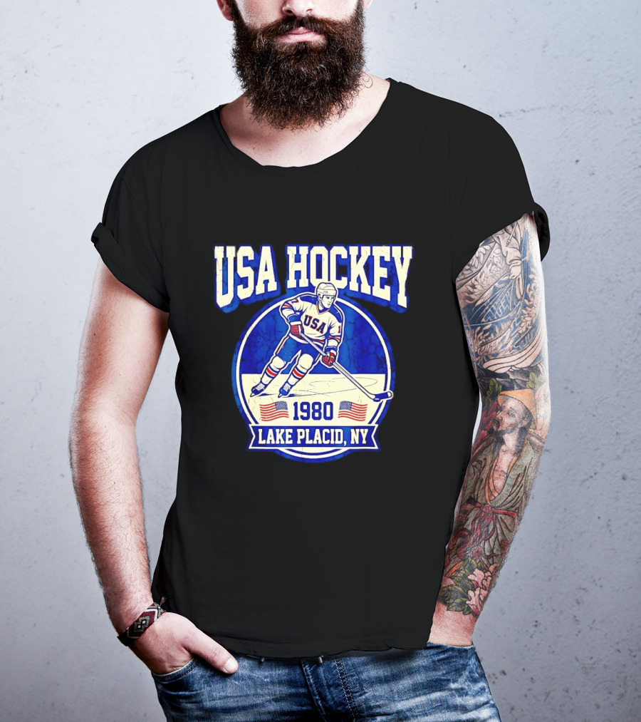 USA Hockey 1980 Lake Placid NY American Flag Ice Skater T-Shirt