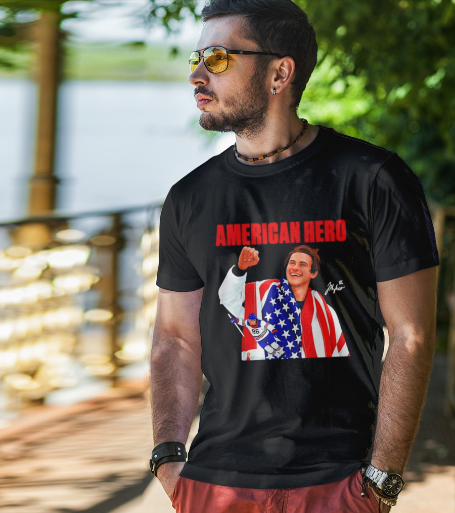 American Hero Jack Hughes USA Flag Hockey T-Shirt