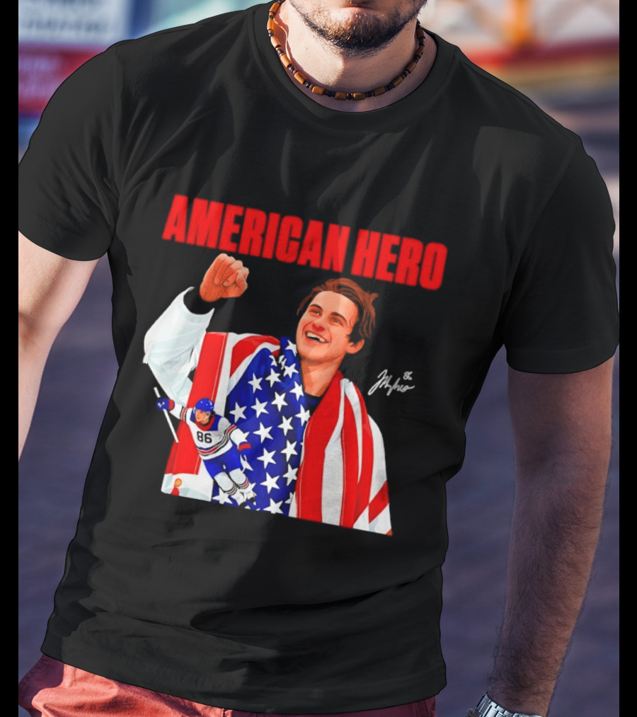 American Hero Jack Hughes USA Flag Hockey T-Shirt