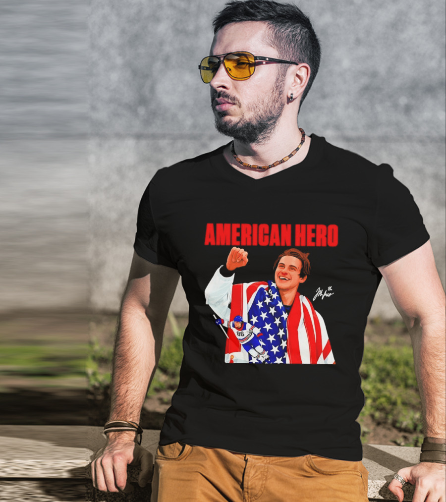 American Hero Jack Hughes USA Flag Hockey T-Shirt