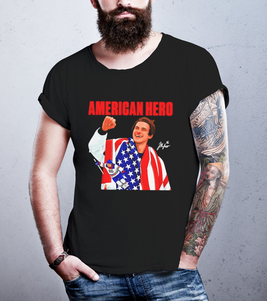 American Hero Jack Hughes USA Flag Hockey T-Shirt