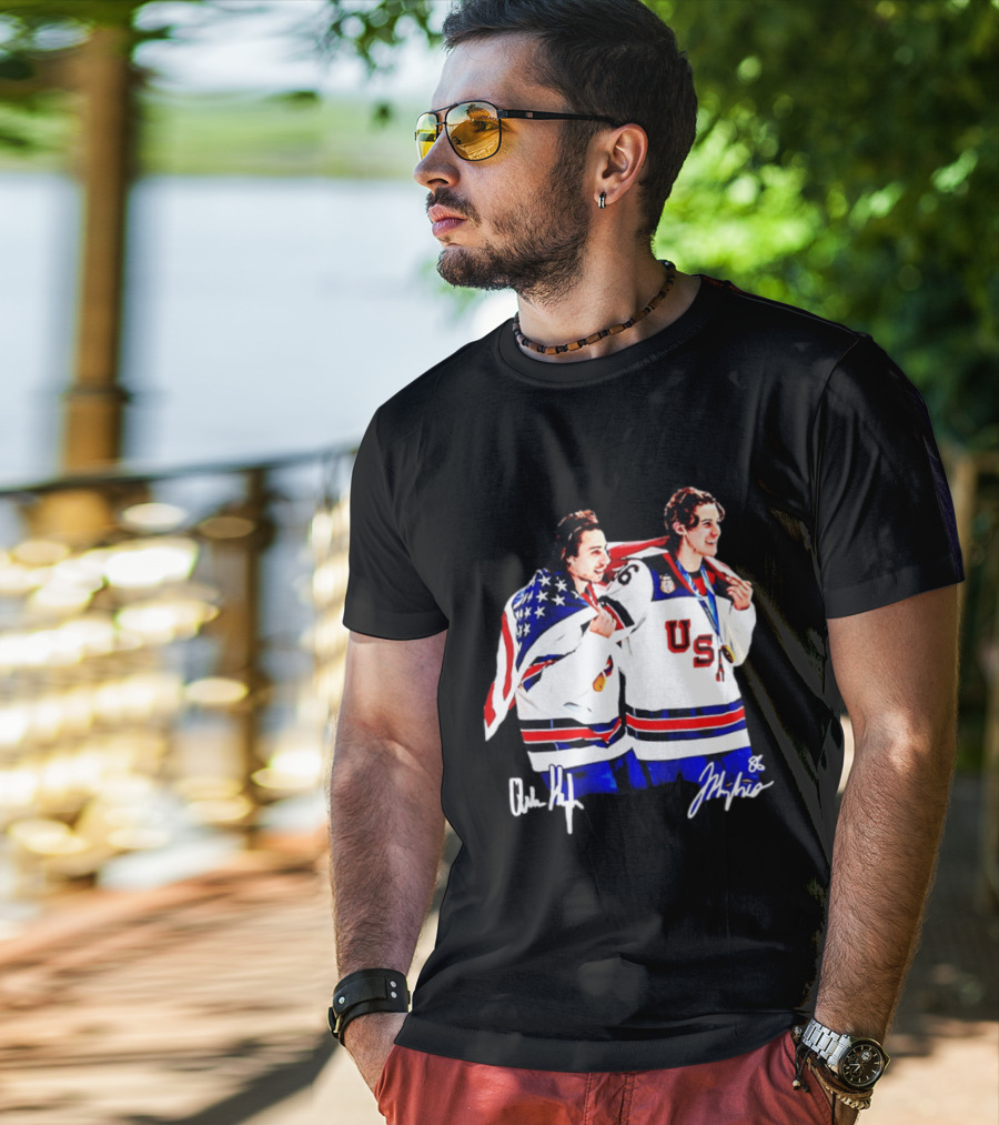 USA Hockey Golden Jack Hughes Jack Quinn American Flag Celebration T-Shirt