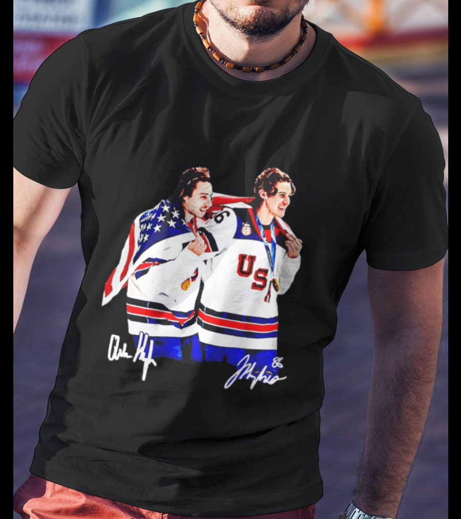 USA Hockey Golden Jack Hughes Jack Quinn American Flag Celebration T-Shirt