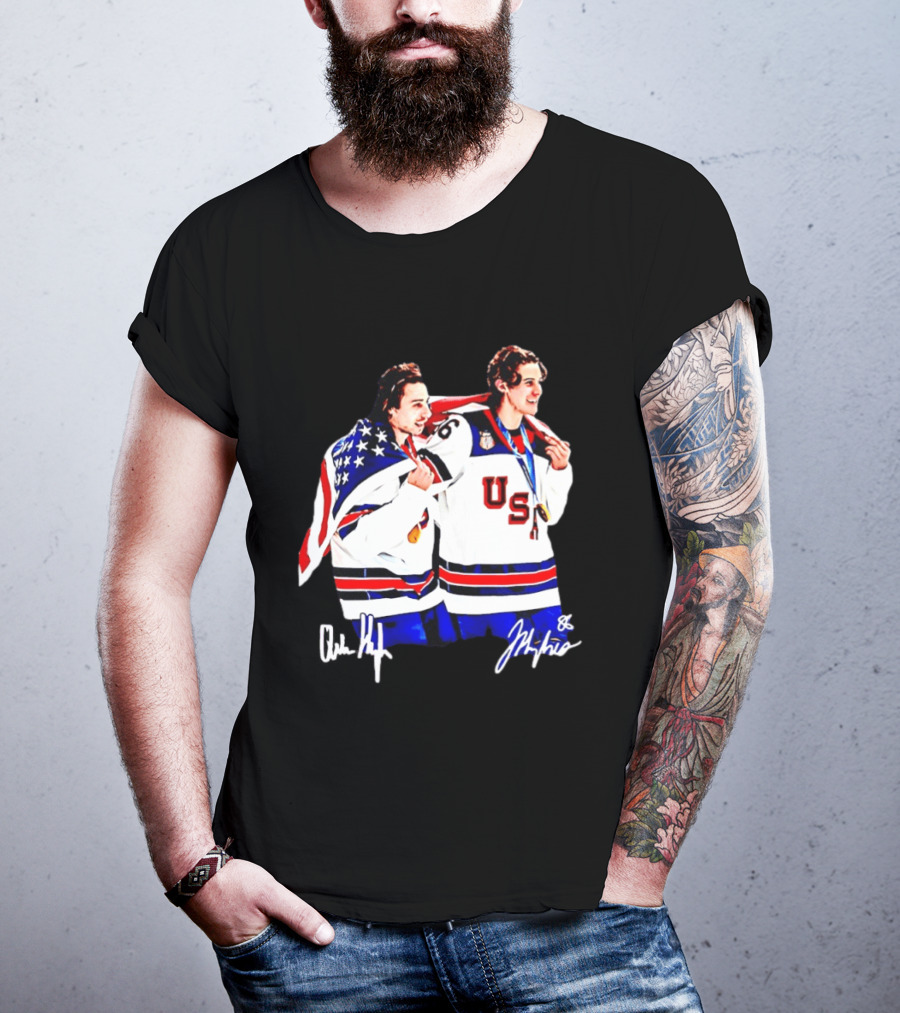 USA Hockey Golden Jack Hughes Jack Quinn American Flag Celebration T-Shirt