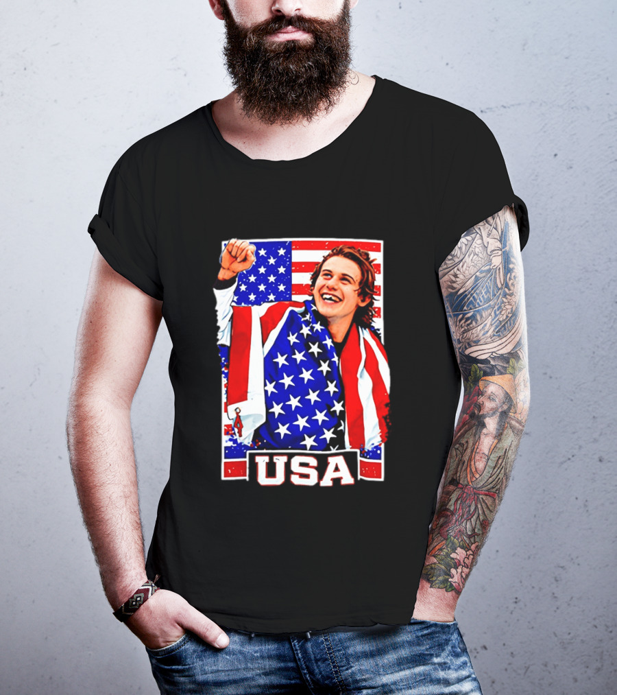 USA Flag Jack Hughes Olympic Hockey 2026 Golden Goal Celebration T-Shirt