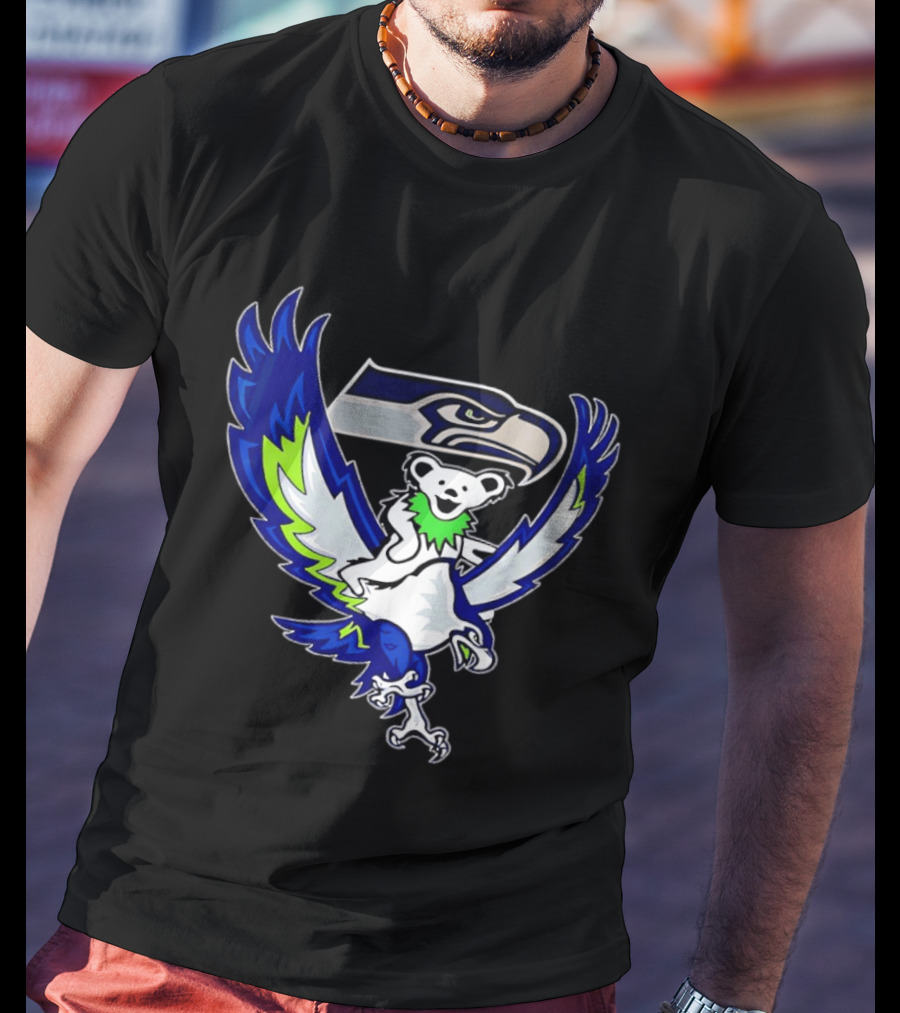 Seattle Seahawks Grateful Dead Bear Riding Seahawk Wings T-Shirt