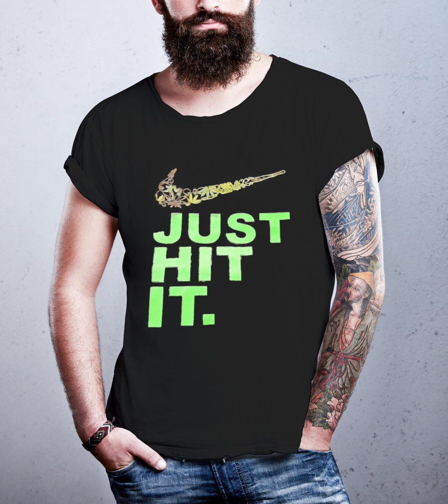 Just Hit It Classic Swoosh Flaming Bat Baseball T-Shirt