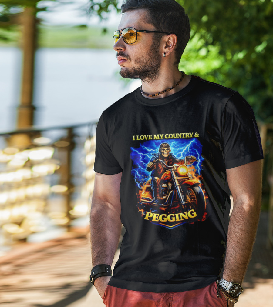Skeleton USA Biker Riding Motorcycle I Love My Country Pegging T-Shirt