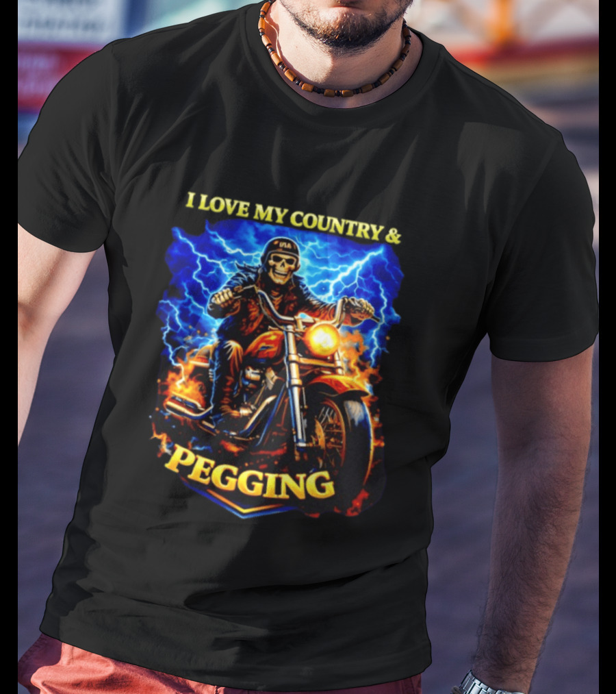Skeleton USA Biker Riding Motorcycle I Love My Country Pegging T-Shirt