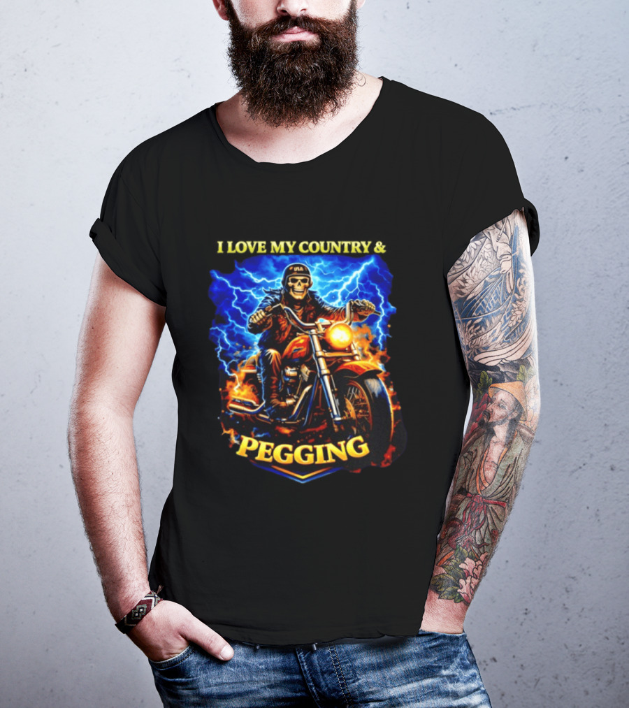Skeleton USA Biker Riding Motorcycle I Love My Country Pegging T-Shirt