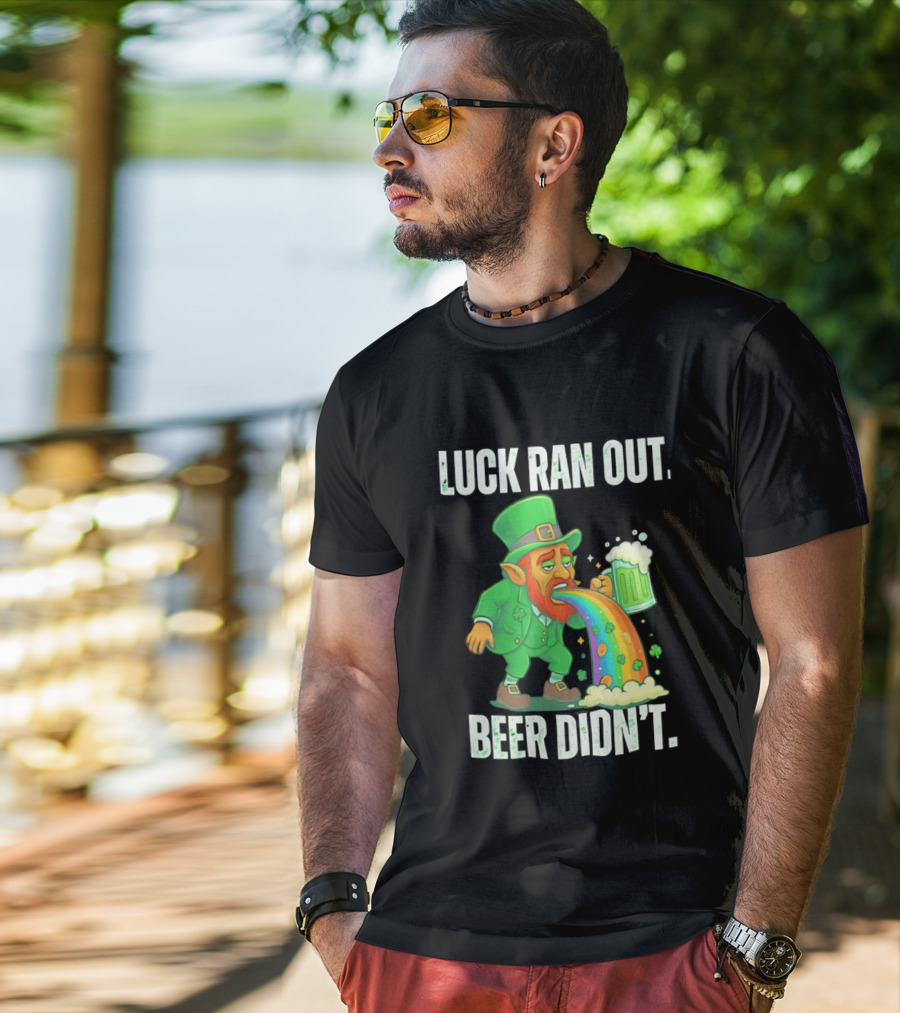 Leprechaun Drinking Beer Vomiting Rainbow Luck Ran Out St. Patrick's Day T-Shirt