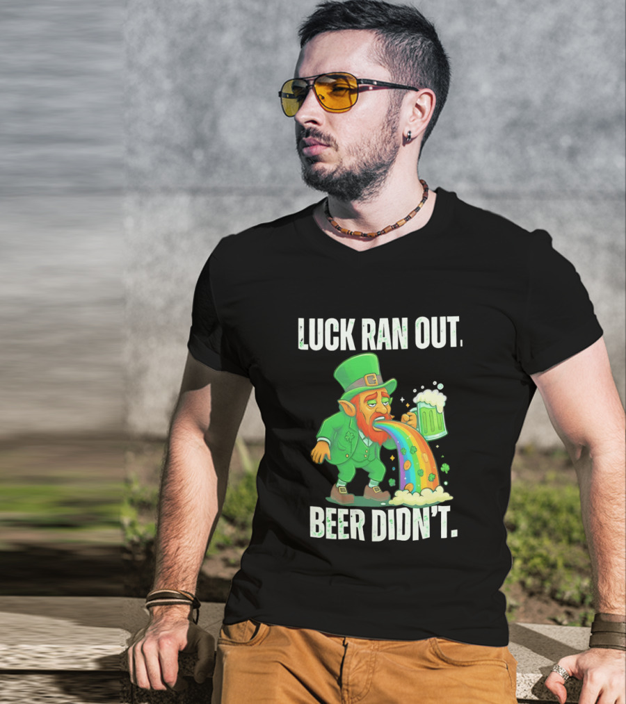 Leprechaun Drinking Beer Vomiting Rainbow Luck Ran Out St. Patrick's Day T-Shirt
