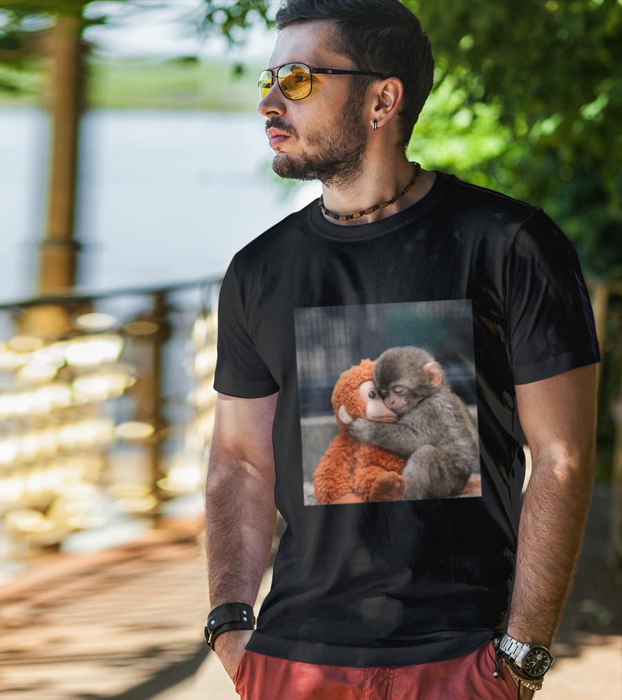 Punch Monkey Cute Baby Monkey Hugging Stuffed Toy T-Shirt