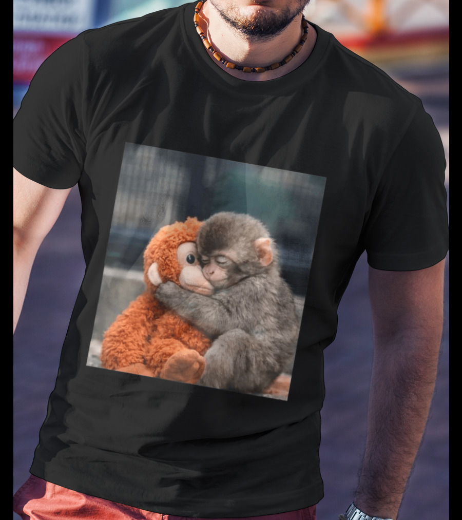 Punch Monkey Cute Baby Monkey Hugging Stuffed Toy T-Shirt