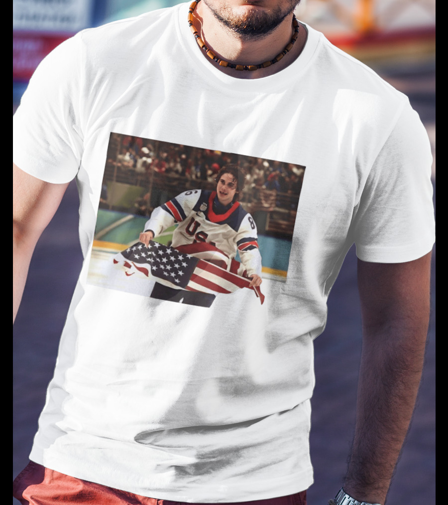 USA Hockey Jack Hughes American Flag Celebration T-Shirt