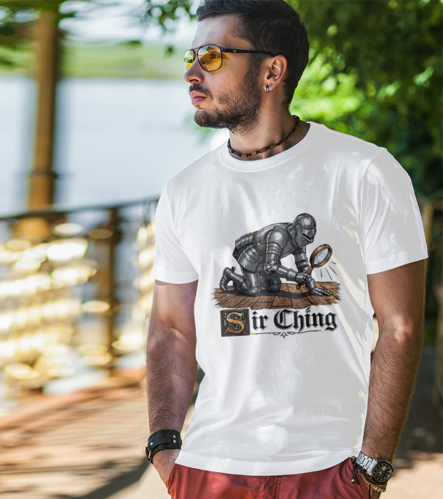 Sir Ching Medieval Knight With Magnifying Glass On Wooden Floor T-Shirt