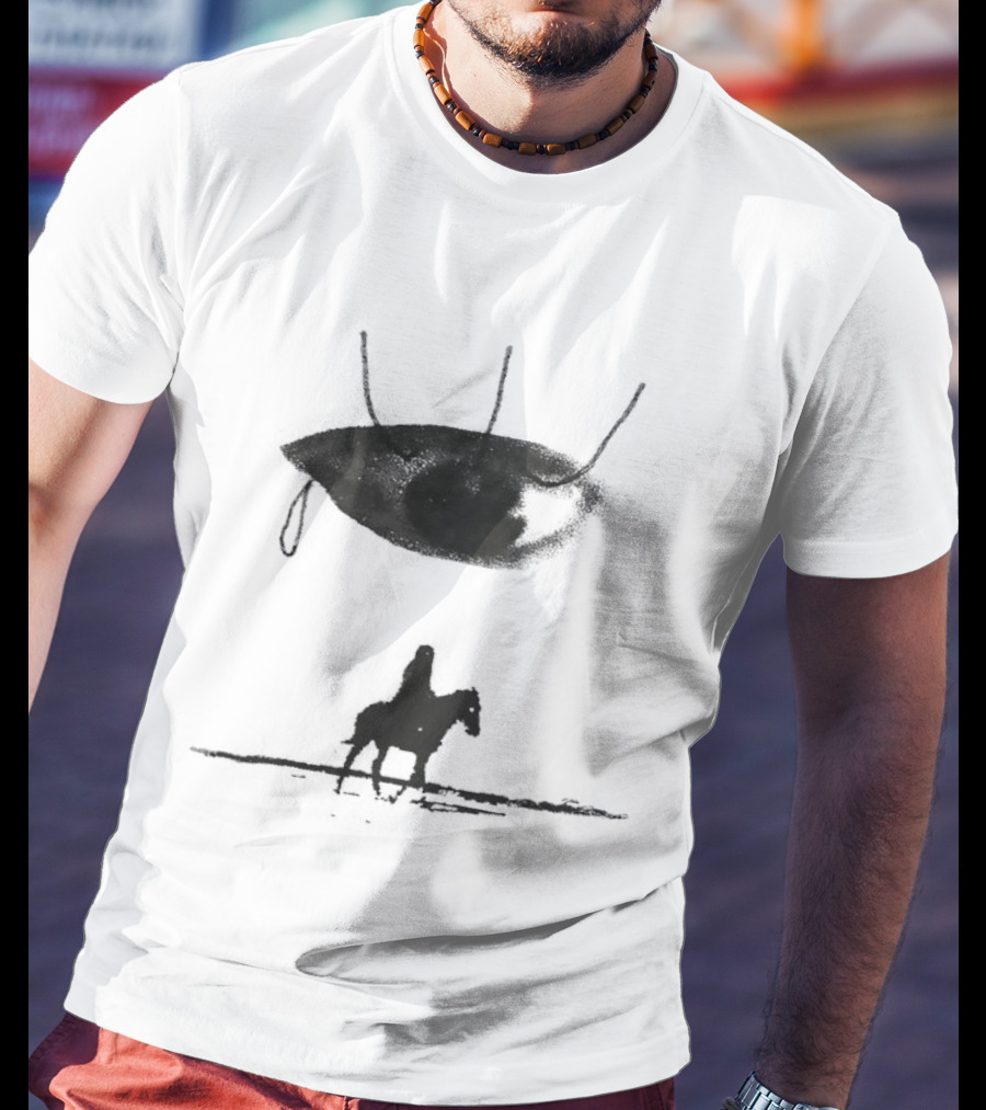 Beware The Gaze Eye UFO Hovering Over Lone Rider Scene T-Shirt