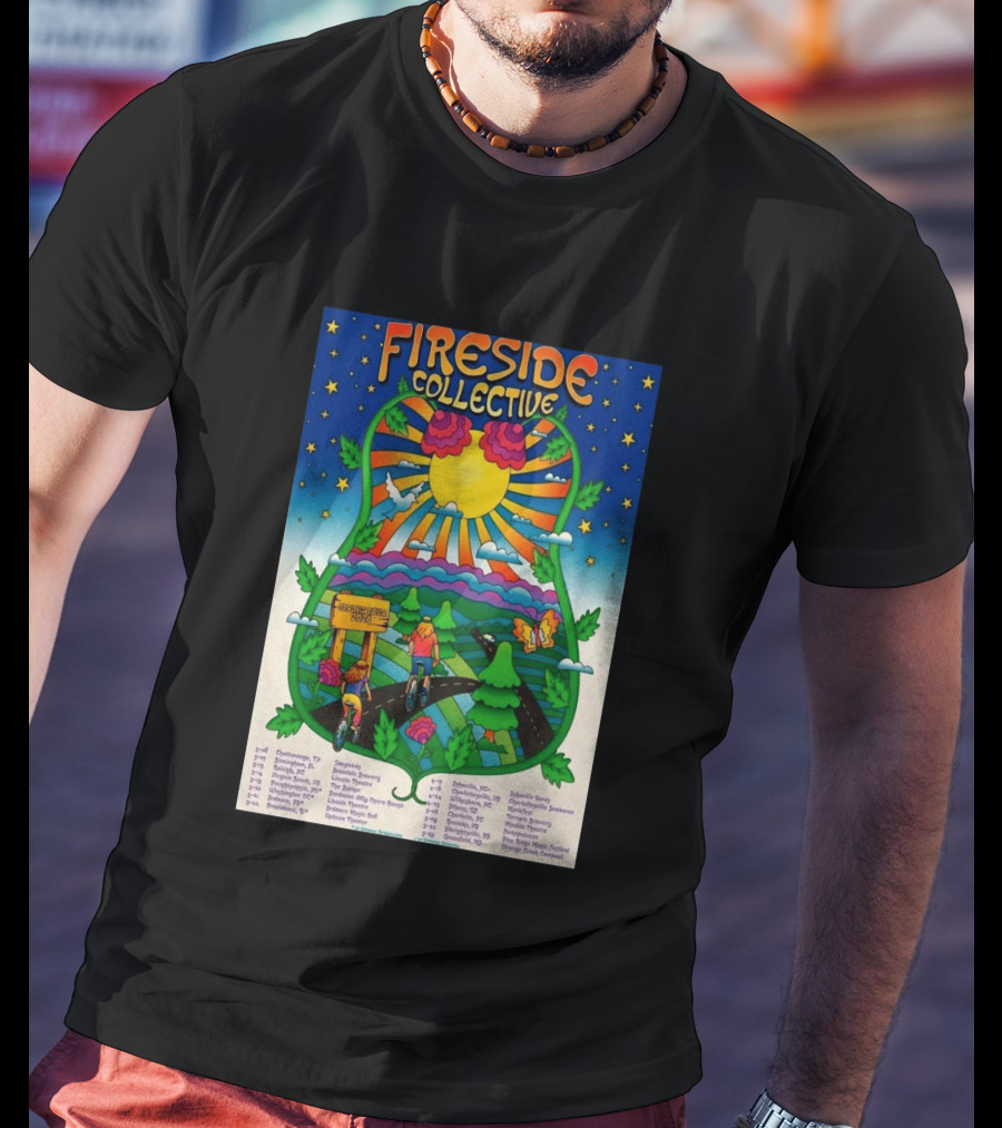 Fireside Collective Spring Tour 2026 Vibrant Cycling Adventure In Scenic Nature Landscape With Sunburst And Stars T-Shirt