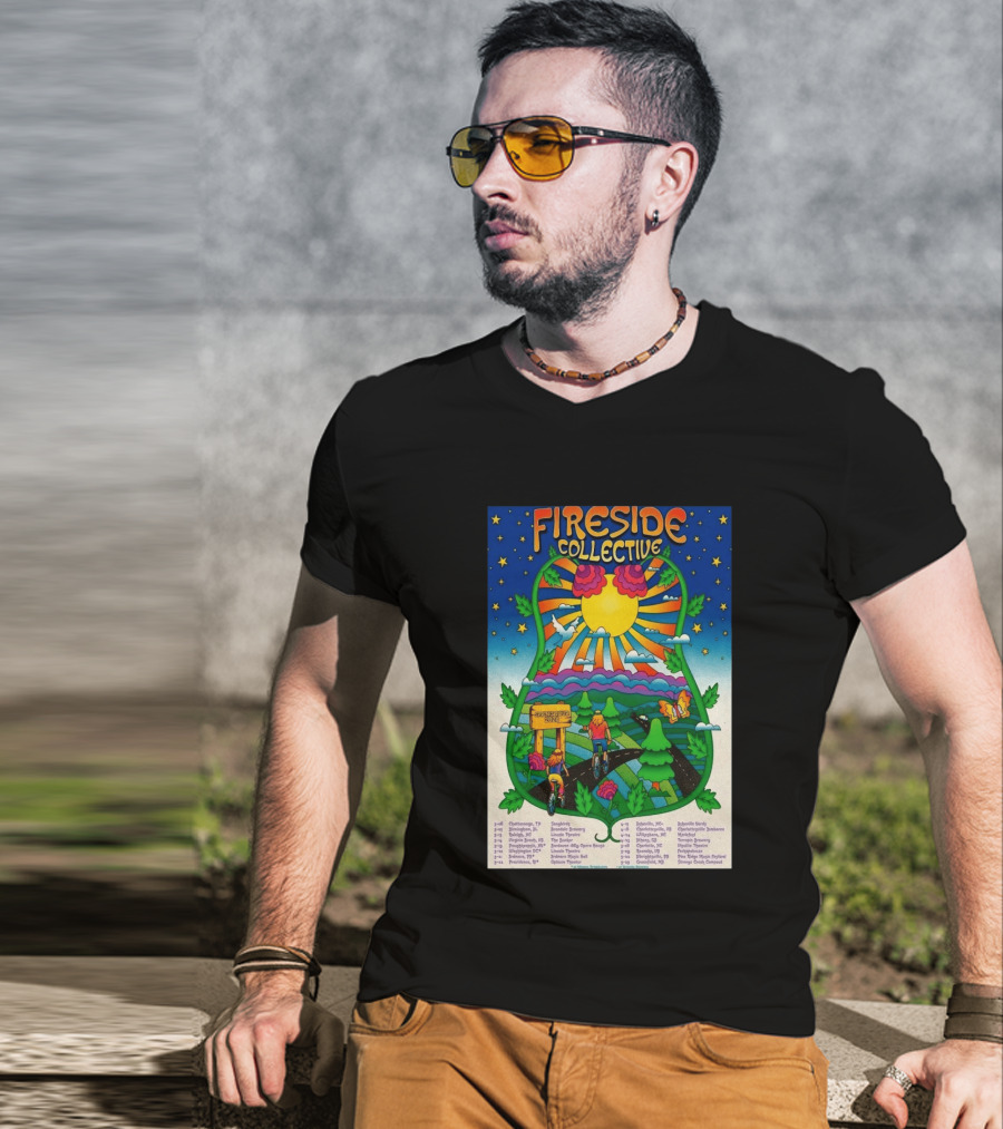 Fireside Collective Spring Tour 2026 Vibrant Cycling Adventure In Scenic Nature Landscape With Sunburst And Stars T-Shirt