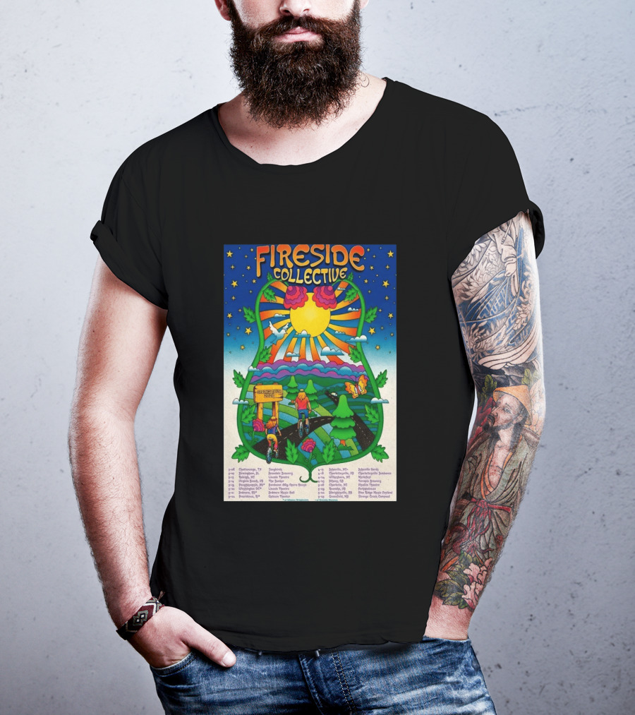 Fireside Collective Spring Tour 2026 Vibrant Cycling Adventure In Scenic Nature Landscape With Sunburst And Stars T-Shirt