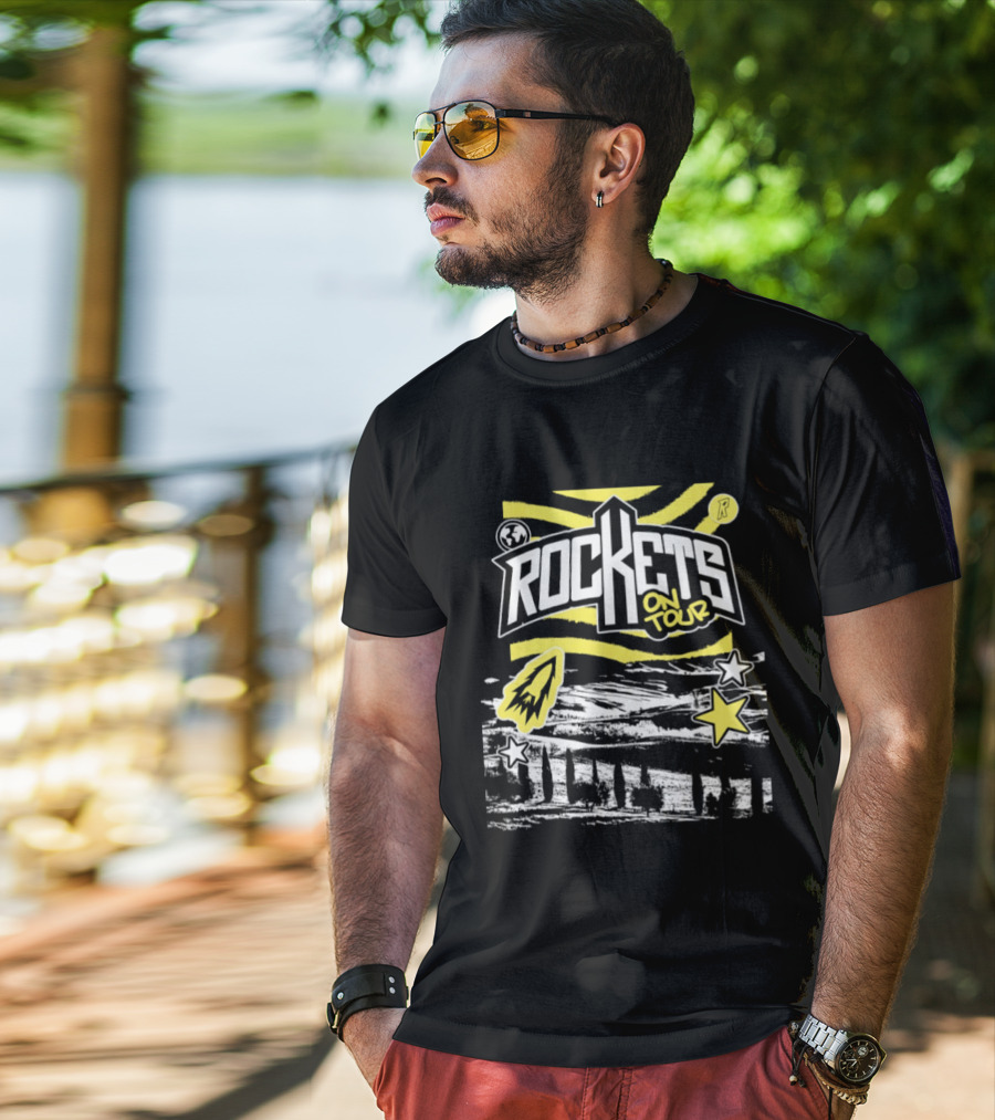 Rockets On Tour Yellow Stars Rocketship Waves Planet T-Shirt