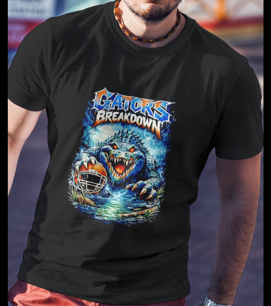 Gators Breakdown Swamp Metal Alligator With Football Helmet And Lightning T-Shirt