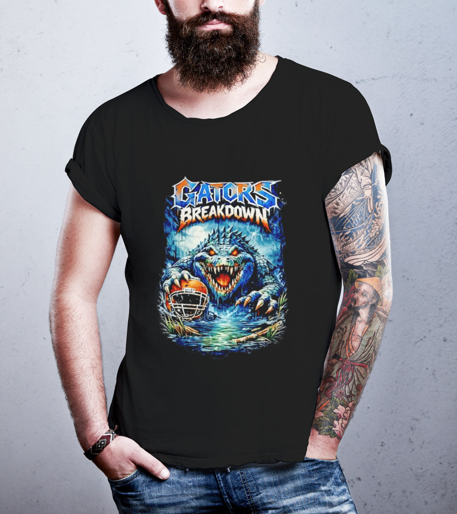 Gators Breakdown Swamp Metal Alligator With Football Helmet And Lightning T-Shirt