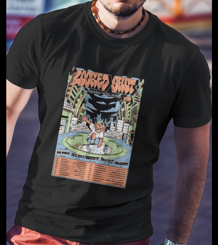 LOCKED SHUT Tour Spring 2026 Skateboarder Urban Scene Bad World Squint Rust Deplete Maladjust Dates T-Shirt