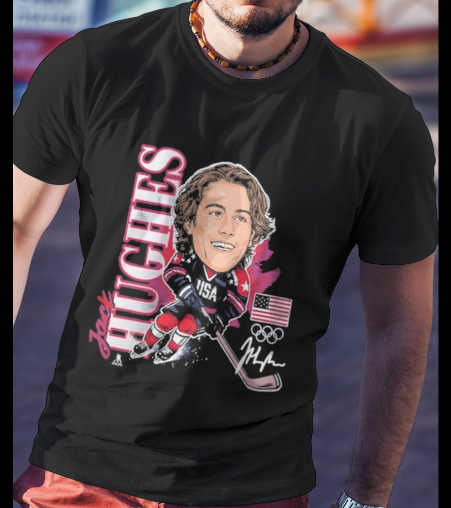 USA Hockey Jack Hughes Olympic Gold Medal Caricature With American Flag And Signature T-Shirt