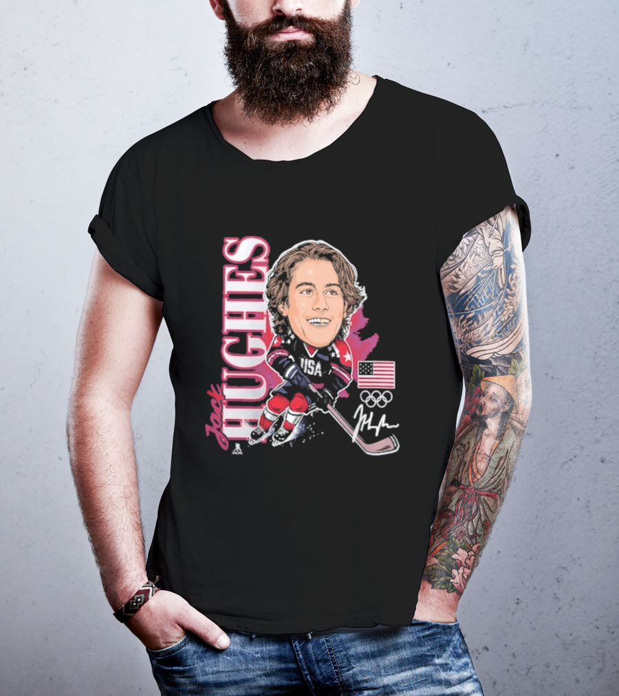 USA Hockey Jack Hughes Olympic Gold Medal Caricature With American Flag And Signature T-Shirt