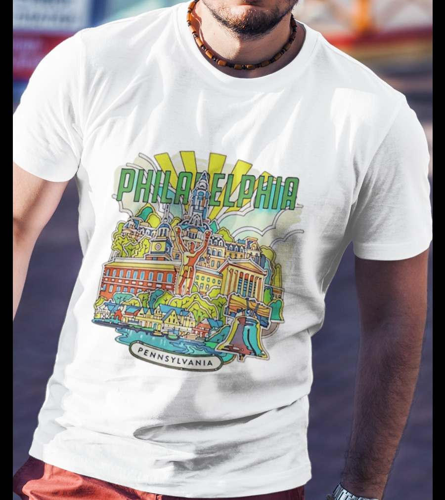 Philadelphia Pennsylvania Skyline Landmark Icons Liberty Bell Art Deco T-Shirt