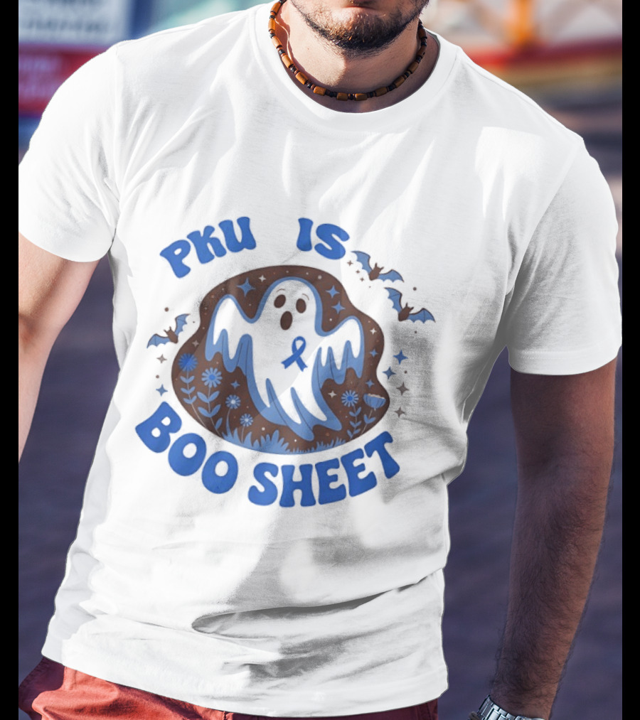 PKU Is Boo Sheet Blue Ribbon Ghost And Bat Halloween T-Shirt