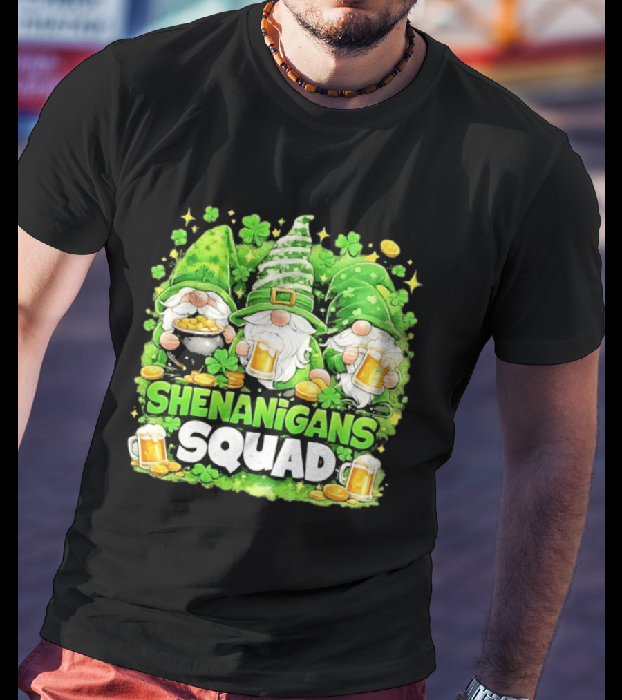 Shenanigans Squad St Patrick's Day Irish Gnomes Beer S And Clover Coins T-Shirt