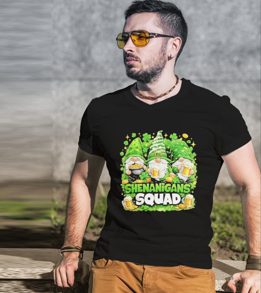 Shenanigans Squad St Patrick's Day Irish Gnomes Beer S And Clover Coins T-Shirt