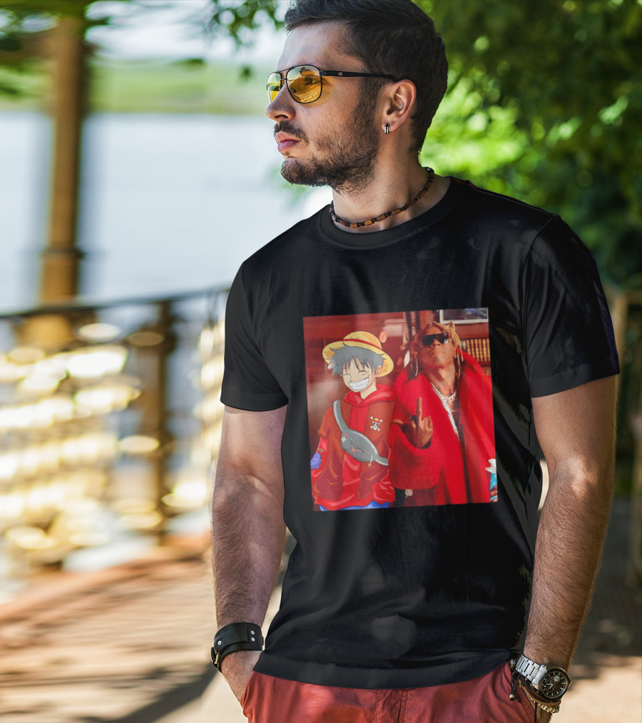 Lil Gum Monkey D. Luffy And Rapper Red Coat Outfit Fusion T-Shirt