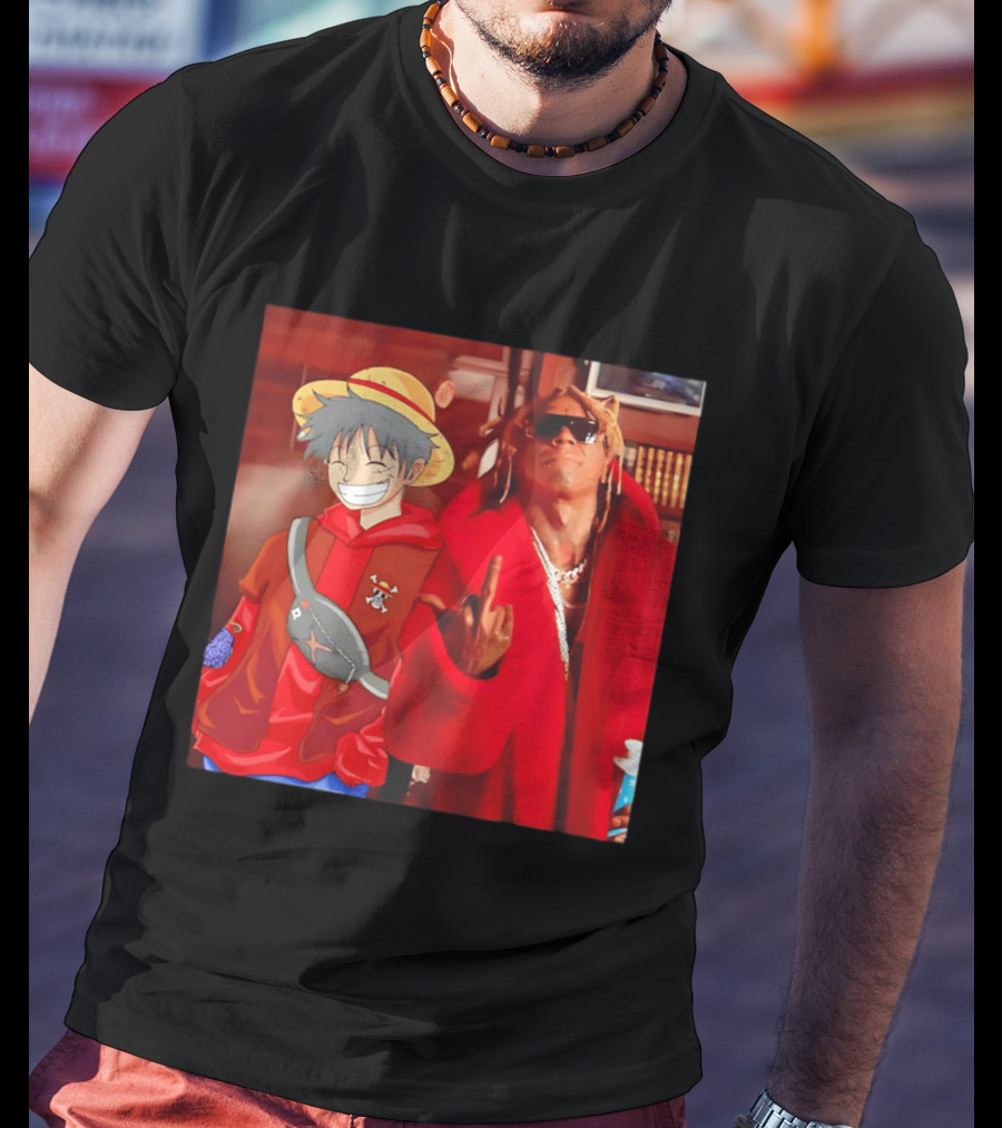 Lil Gum Monkey D. Luffy And Rapper Red Coat Outfit Fusion T-Shirt