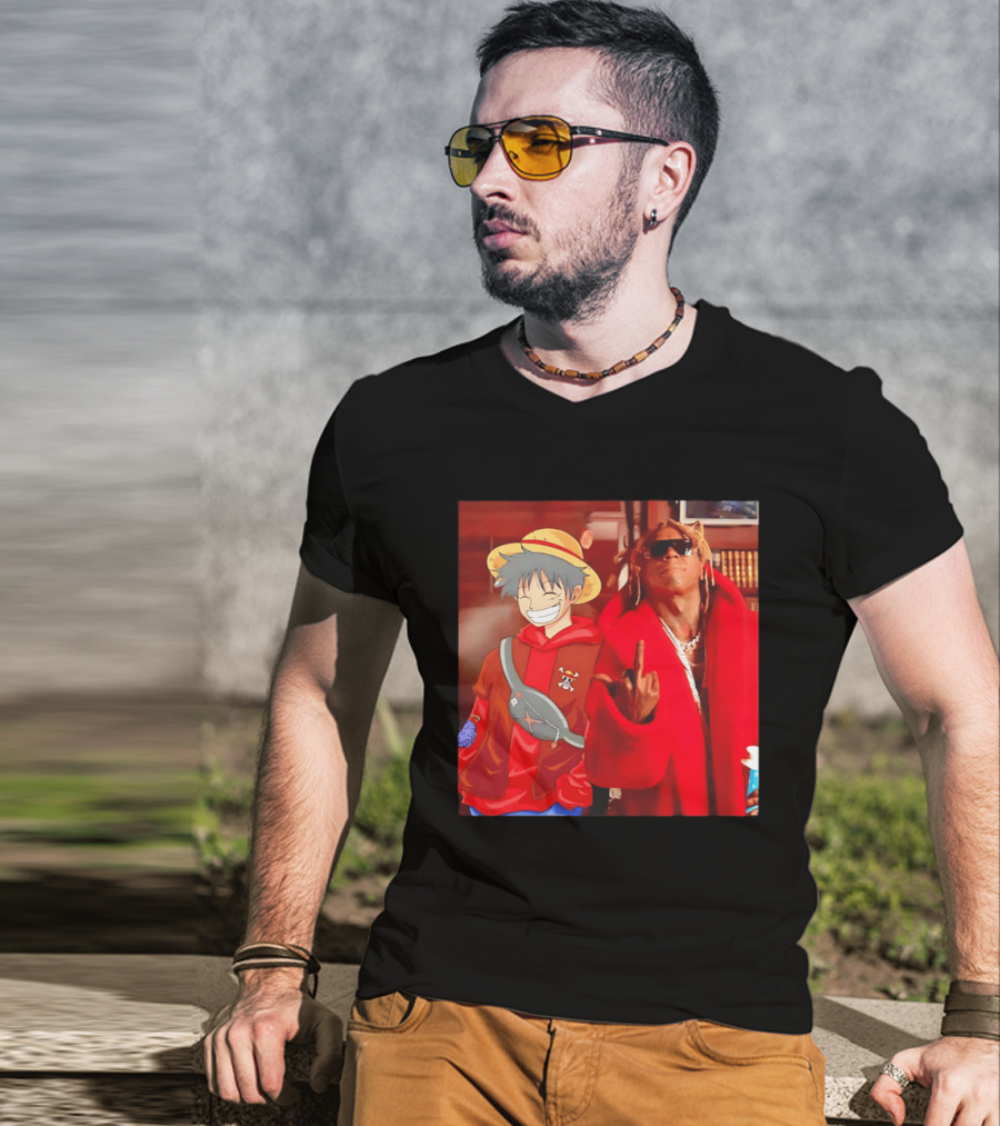 Lil Gum Monkey D. Luffy And Rapper Red Coat Outfit Fusion T-Shirt