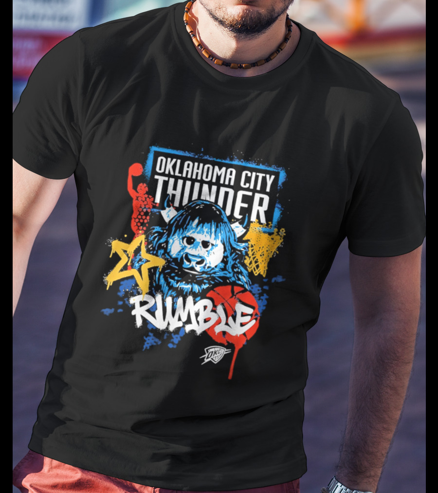 Oklahoma City Thunder Rumble Mascot Art With Stars And Paint Splatters T-Shirt