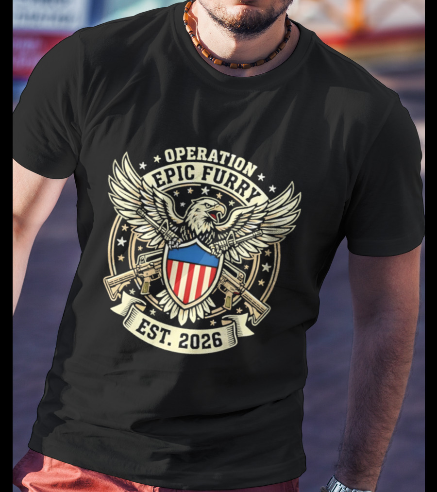 Operation Epic Furry Eagle Emblem Est 2026 Stars And Stripes Shield T-Shirt